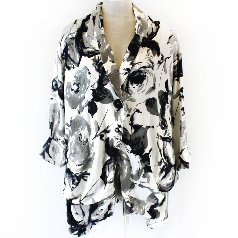 BLANQUE Lagenlook Black/White Linen Jacket Top Blazer One Size XL 1X Made in USA